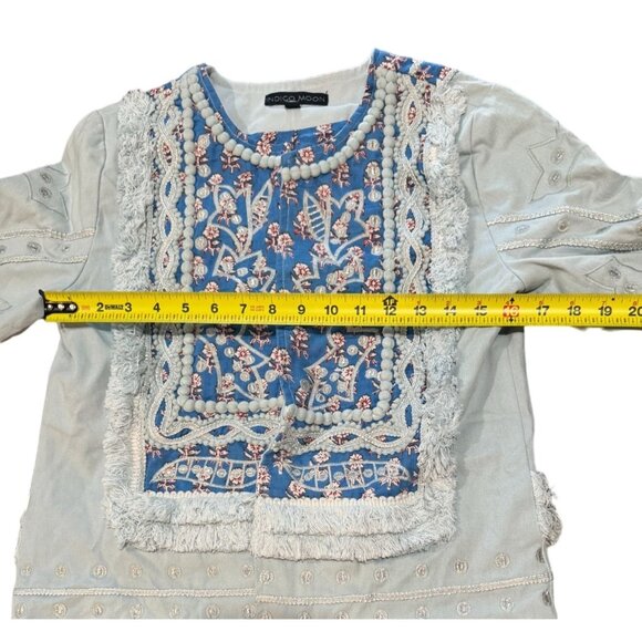 Indigo Moon Twill & Patterned Woven Trimmed & Embroidered Collarless Jacket |O1 - Picture 4 of 6